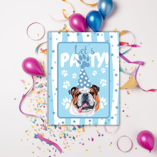 Lass uns feiern Bulldogge Illustration blau Geburt Postkarte