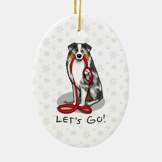 Lass uns gehen! Australischer Schäferhund (blaues Keramik Ornament (Hinten)