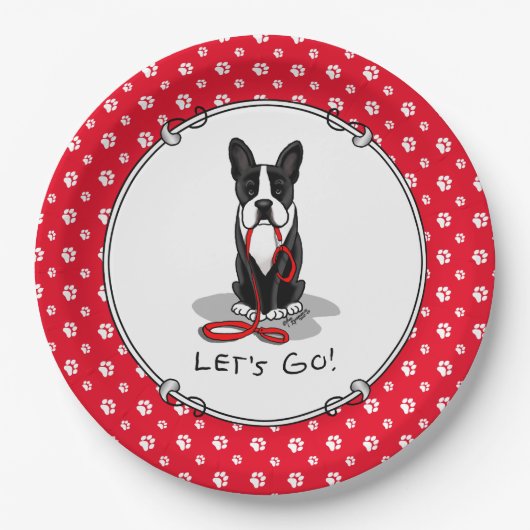 Lass uns gehen! Boston Terrier Dog (schwarz) Funny Pappteller (Vorderseite)