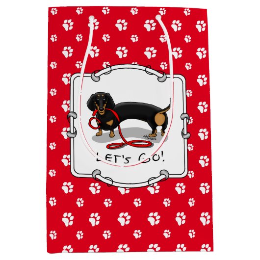 Lass uns gehen! Dackel (schwarz und braun) Hundehu Mittlere Geschenktüte (Vorderseite)