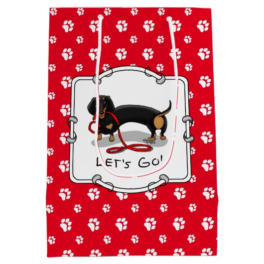 Lass uns gehen! Dackel (schwarz und braun) Hundehu Mittlere Geschenktüte (Rückseite)