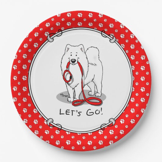 Lass uns gehen! (für einen Spaziergang) Samoyed w Pappteller (Vorderseite)
