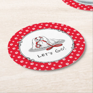 Lass uns gehen! Malteser Hund mit Red Leash Niedli Runder Pappuntersetzer