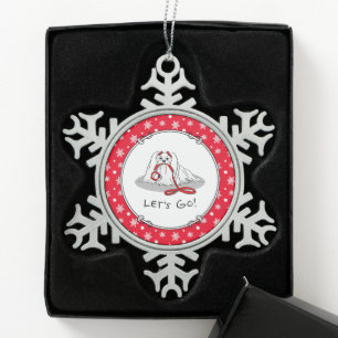 Lass uns gehen! Malteser Hund mit Red Leash Niedli Schneeflocken Zinn-Ornament