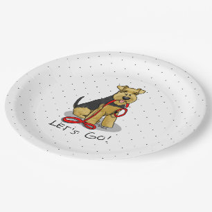 Lass uns gehen! Welsh Terrier Hund mit roter Leine Pappteller