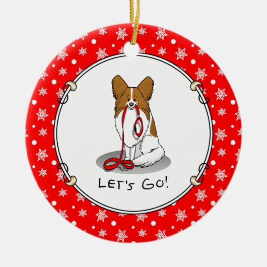 Lass uns gehen! (zu Fuß) Papillon (weiß & rot) Hun Keramik Ornament (Vorne)