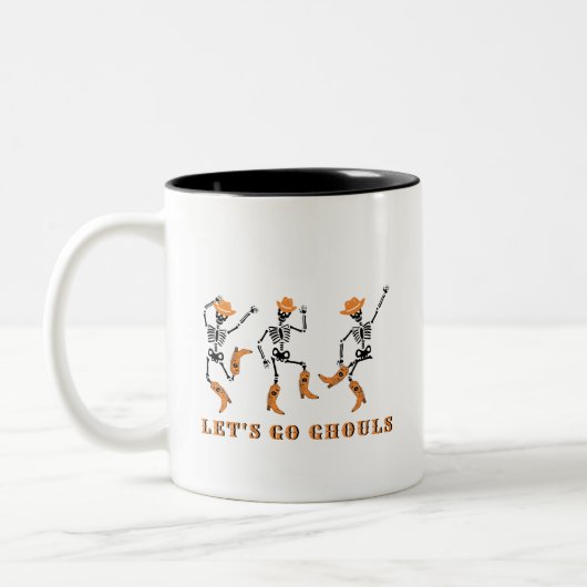 Lass uns Ghouls Halloween Skeletons Cowboy gehen Zweifarbige Tasse (Links)