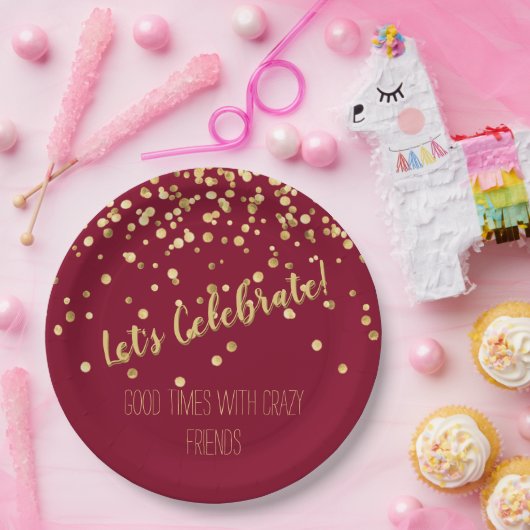 Lasse Celebrate Burgundy Gold Confetti Pappteller (Party)
