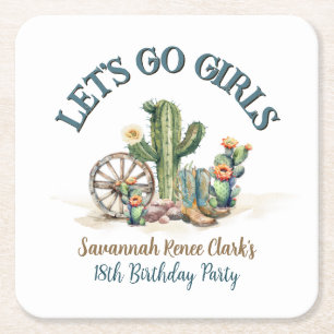 Lasse Go Girls Cowgirl Cactus Thema Geburtstagsfei Rechteckiger Pappuntersetzer