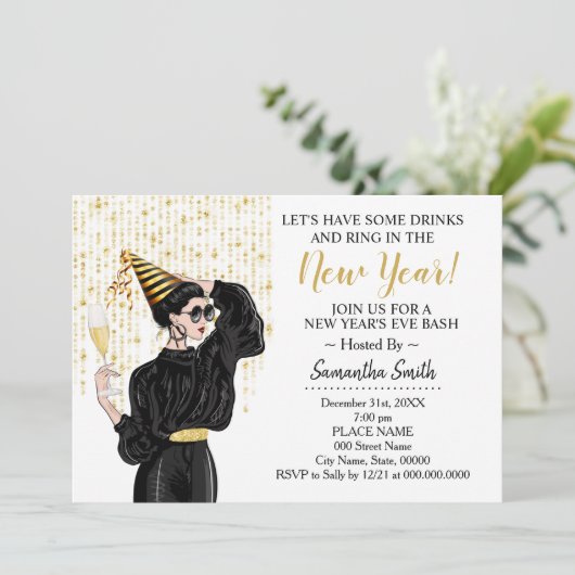 Lasse im Neujahr Glitzer einen Drink zum Ring trin Einladung (Stehend Vorderseite)