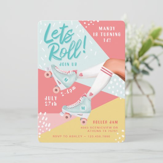 Lasse Roll Fun Retro Rollerskating Vibe Einladung (Stehend Vorderseite)