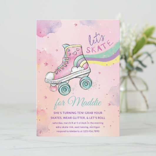 Lasse Skate l Roller Skaten Party Girl Birthday Einladung (Stehend Vorderseite)