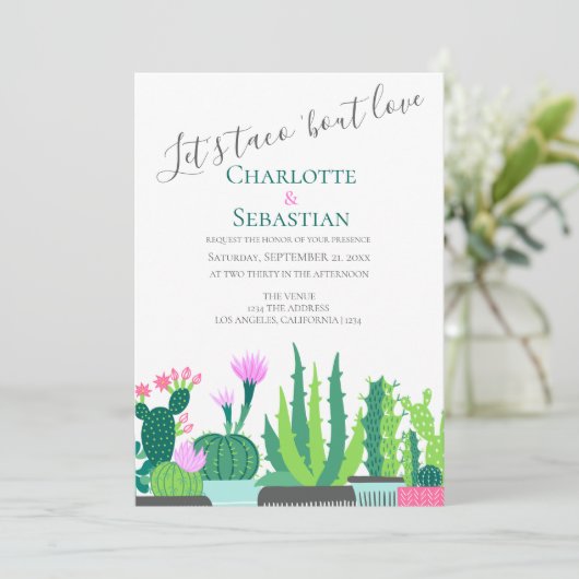 Lasse Taco über Liebe sukkulente Kakteen Hochzeit Einladung (Stehend Vorderseite)
