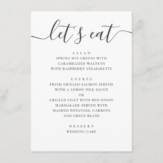 Lasse zu essen. Moderne Hochzeitsschrift in Schwar Menükarte