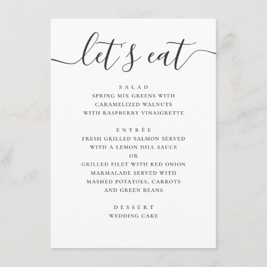 Lasse zu essen. Moderne Hochzeitsschrift in Schwar Menükarte (Vorderseite)