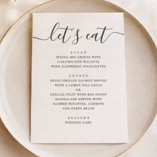 Lasse zu essen. Moderne Hochzeitsschrift in Schwar Menükarte