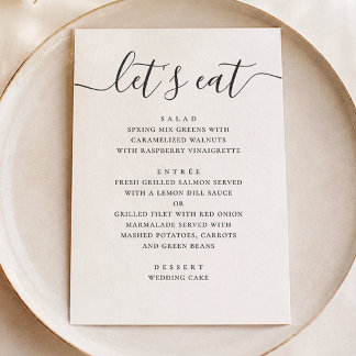 Lasse zu essen. Moderne Hochzeitsschrift in Schwar Menükarte