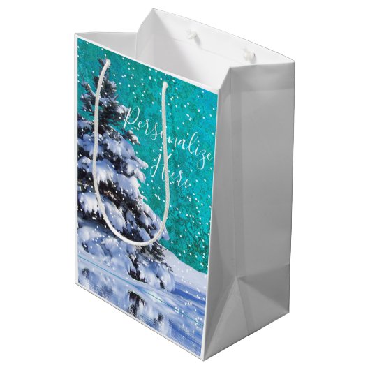 Lassen Sie den Winterschnee aquamarinen weißen ele Mittlere Geschenktüte (Rückseite Schrägansicht)