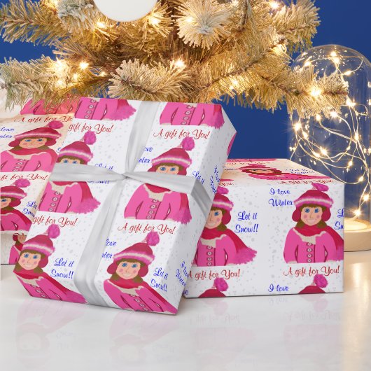 Lassen Sie es Schnee Blue-Mit Augen Girl Pink Pom- Geschenkpapier (Feiertage)