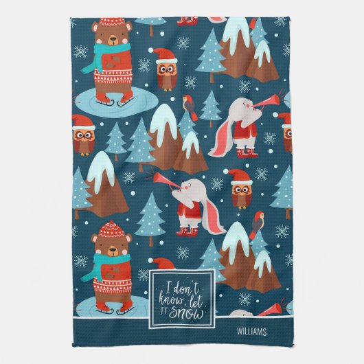 Lassen Sie es Süße Tier-Muster mit dem Namen Blau Geschirrtuch (Vertikal)