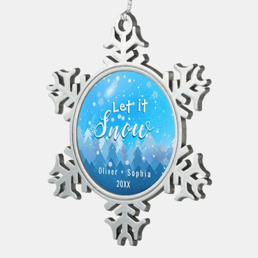 Lassen Sie es zu Snow Blue Crystal Schneeflocken Zinn-Ornament (Rechts)