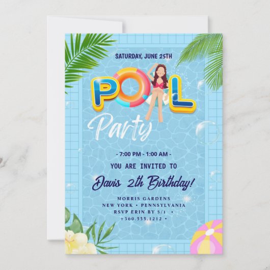 Lassen Sie sich von unserem Pool-Party zum Geburts Einladung (Vorderseite)