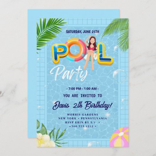 Lassen Sie sich von unserem Pool-Party zum Geburts Einladung (Vorne/Hinten)