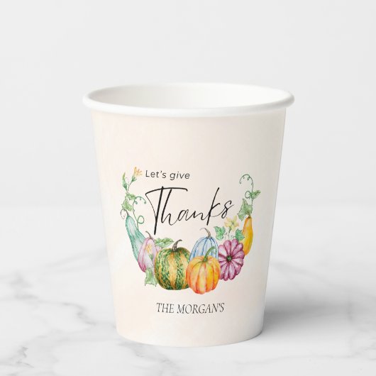 Lassen Sie uns Dank Watercolor Autumn Pumpkin Pape Pappbecher (Rückseite)