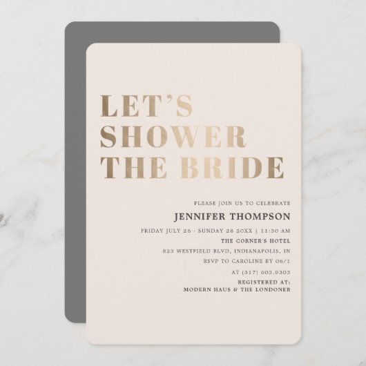 Lassen Sie uns das Brautparty "Bride Taupe & Gold" Einladung (Vorne/Hinten)