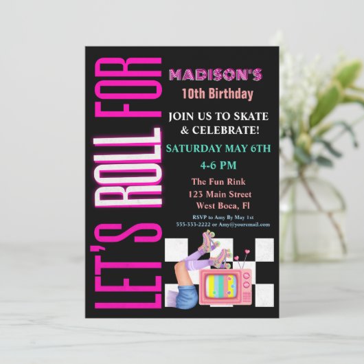 Lassen Sie uns für Roller Skate Glow Party rollen Einladung (Stehend Vorderseite)