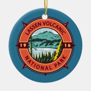 Lassen Volcanic National Park Retro Compass Emblem Keramik Ornament