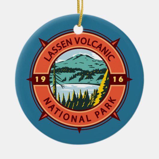 Lassen-Volcanic-Nationalpark Retro-Kompass-Emblem Keramik Ornament (Vorne)