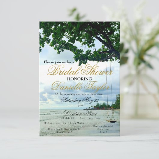 Lässig Beach Swing Gold Script Brautparty Invit Einladung (Stehend Vorderseite)