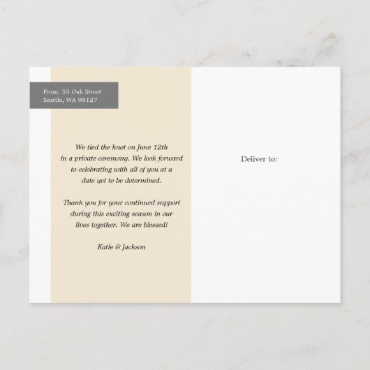 Lässig We Eloped Script Foto Ankündigungspostkarte (Rückseite)