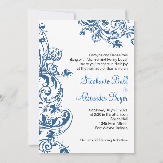 Lässige Elegance Blauer Swirl Einladung Hochzeit (Vorderseite)