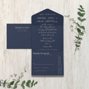 Lässige handgeschriebene Typografie Silber & Navy All In One Einladung
