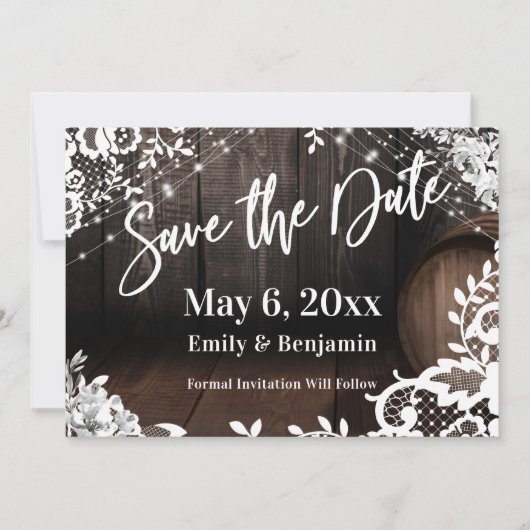 Lässige Handschrift Lights Lace & White Blume Save The Date (Vorderseite)