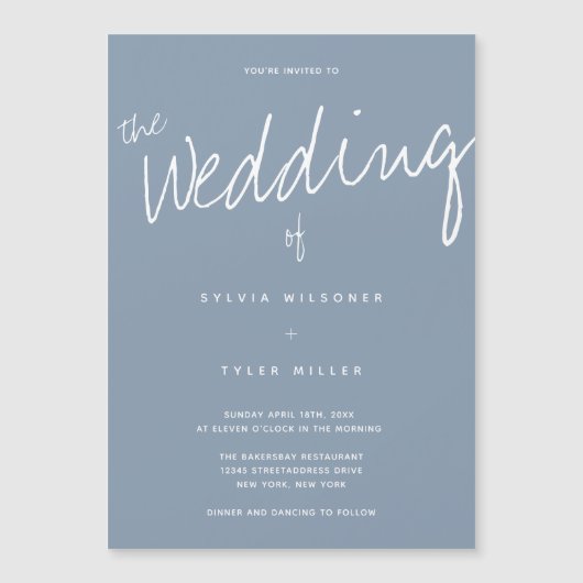 Lässige Hochzeit der modernen, blauen Typografie Magneteinladung (Vorderseite)