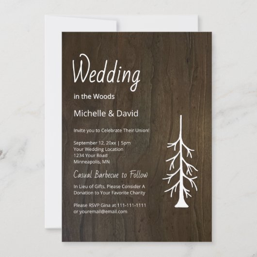 Lässige Hochzeit mit Pine Tree Rustic Wood Einladung (Vorderseite)
