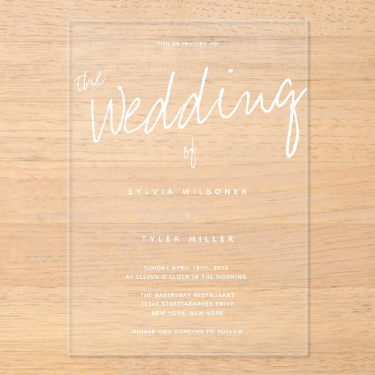 Lässige Hochzeit moderner Typografie Acryleinladungen (Vorderseite)
