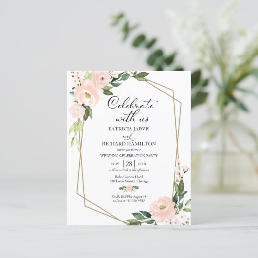 Lässige Hochzeitseinladung in Rosa Blütenflora (Stehend Vorderseite)