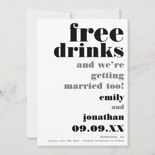 Lässige Hochzeitstühle für Getränke speichern das Save The Date (Vorderseite)