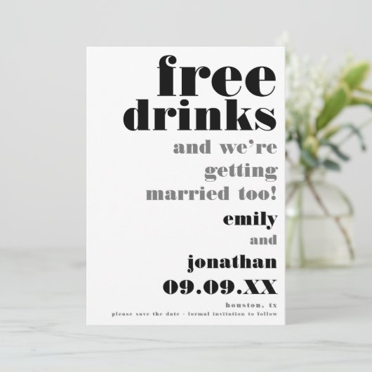 Lässige Hochzeitstühle für Getränke speichern das Save The Date (Stehend Vorderseite)