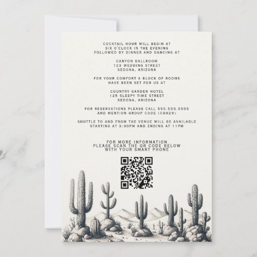 Lässige Kaktus Hochzeit mit QR Code & Details Einladung (Rückseite)