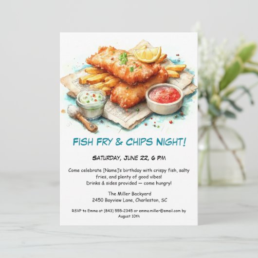 Lässige Meeresfrüchte - Fisch & Chips Geburtstag Einladung (Stehend Vorderseite)