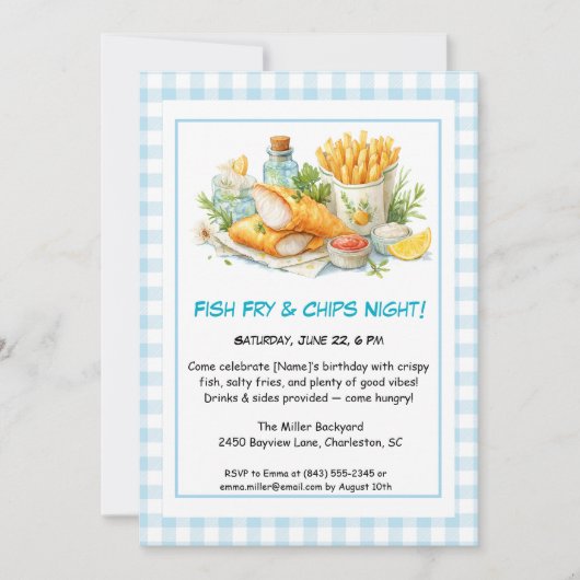 Lässige Meeresfrüchte - Fisch & Chips Geburtstag Einladung (Vorderseite)