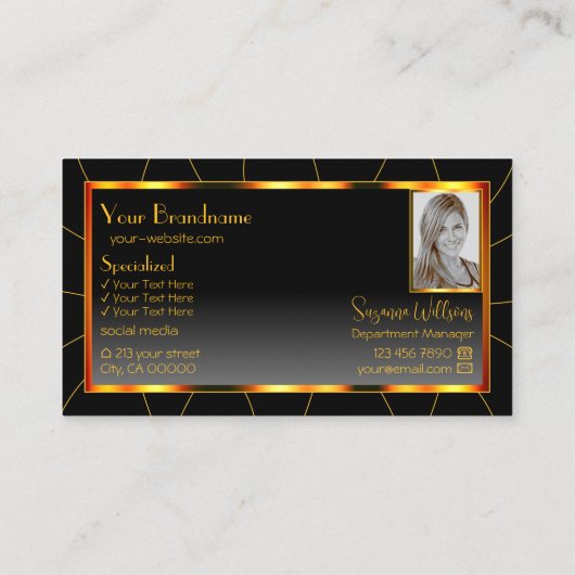 Lässige Orangefarbene Rahmen und Schwarz mit Foto Visitenkarte (Rückseite)