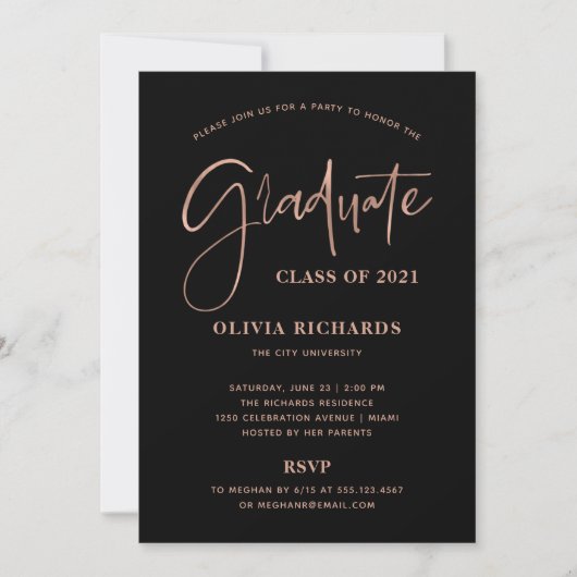 Lässige Script-Rose Gold und Schwarz | Grad Party Einladung (Vorderseite)
