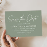 Lässige Script-Sage Grüne Hochzeit Save The Date<br><div class="desc">Einfache Save the Date Karte mit "Save the Date" in einem weißen handgeschriebenen Skript mit einem schlauen grünen Hintergrund. Personalisieren Sie die moderne Save the Date-Karte, indem Sie Ihre Namen, das Hochzeitsdatum, den Hochzeitsort, die Hochzeitswebsite, etc. hinzufügen. Die minimalistisch Save the Date Karte kehrt um, um einen soliden grünen Hintergrund...</div>