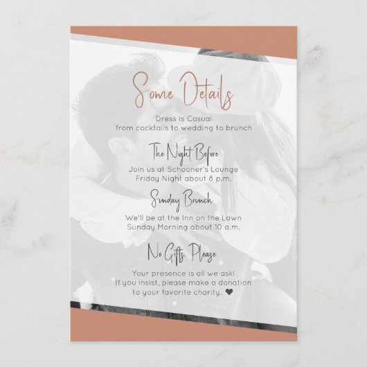 Lässige Terra Cotta "Nothing Extravagant" Hochzeit Begleitkarte (Vorderseite)